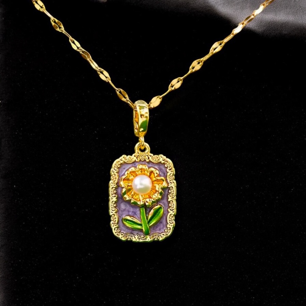 Gold Sunflower inlaid Pearl Art Pendant Necklace in Purple and Green. New. - Picture 10 of 15